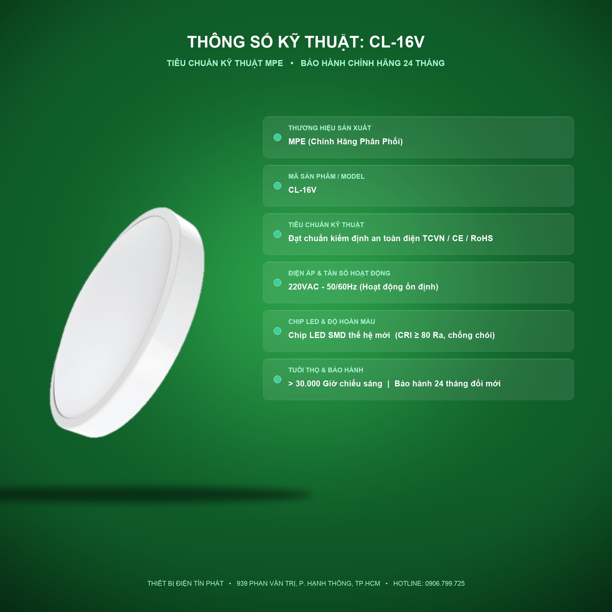 Thông số kỹ thuật CL-16V (Đèn led ốp trần 16W ASV)
