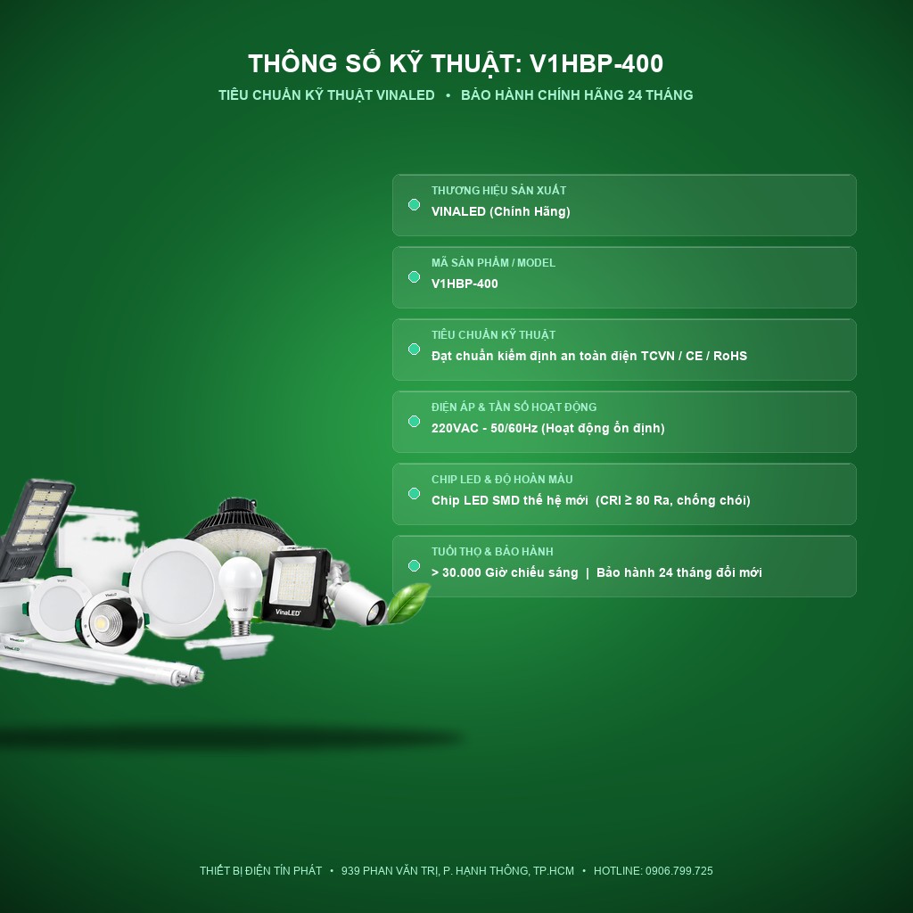 Thông số kỹ thuật V1HBP-400 - Đèn Nhà Xưởng VINALED 400W